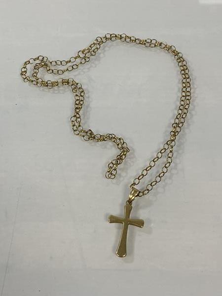 A 9ct gold belcher link chain and crucifix pendant, (chain 33cm), combined weight 5.66 grammes