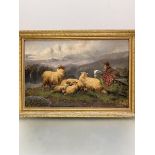 J.W. Morris, Collie and Ram with Lambs, Highland Landscape, signed bottom right, in gilt composition