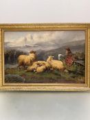 J.W. Morris, Collie and Ram with Lambs, Highland Landscape, signed bottom right, in gilt composition