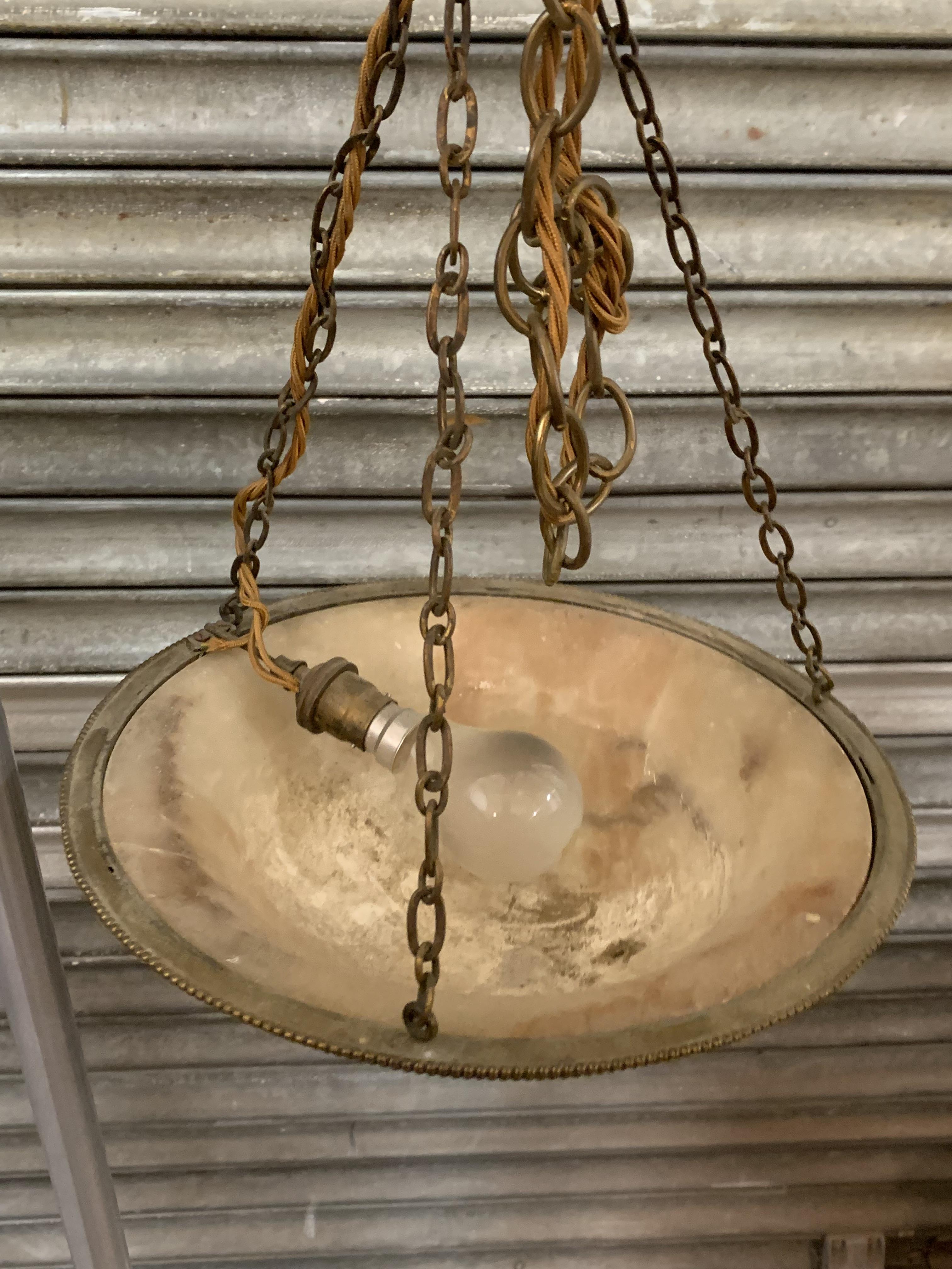 A single branch plaffonier, circa 1920's, with domed alabaster shade within a beaded brass frame, - Image 2 of 8