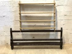 A carved oak one height plate rack, (H50cm L113cm) together with a pine three height wall shelf, (