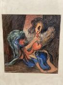 Shuler, Abstract Figures, pen and ink, pastel and watercolour, signed bottom left, dated '44, in