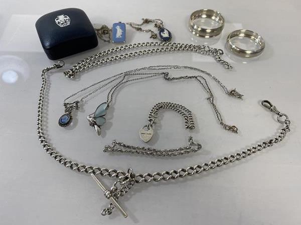 A quantity of silver jewellery including albert chain, Wedgwood pendants, butterfly with glass wings