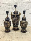 A large Vienna style blue and gilt ceramic twin handled urn shaped table light, (H58m) together with