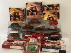 A collection of model fire services vehicles, including Matchbox Fire Engine series, many in display