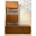 G-Plan, a mid century teak side cabinet, the raised back with cupboard, open shelf and fall front