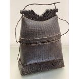 A treen and wicker work fisherman's bag with cord strap (37cm x 27cm x 12cm)