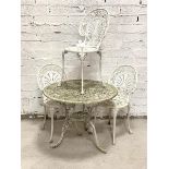 A Victorian style white painted cast aluminum garden suite, comprising three chairs (H85cm, W42cm,