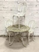 A Victorian style white painted cast aluminum garden suite, comprising three chairs (H85cm, W42cm,