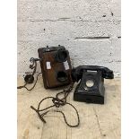 A vintage bakerlight cased telephone, together with an early 20th century wooden cased wall