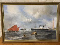 Kimbar Aohbolt, Ships in Choppy Harbour, oil, signed bottom left (60cm x 90cm)