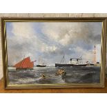 Kimbar Aohbolt, Ships in Choppy Harbour, oil, signed bottom left (60cm x 90cm)