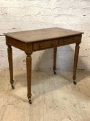 A late 19th century oak library table, with two drawers and two faux drawers, raised on turned