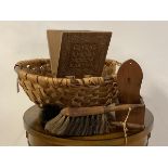 A mixed lot to include; a woven trug type basket with two handles, (L56cm) a carved mahogany folding