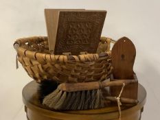 A mixed lot to include; a woven trug type basket with two handles, (L56cm) a carved mahogany folding