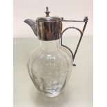 An Edwardian etched glass claret jug with Epns mount, (h 19cm d 10cm approximately)