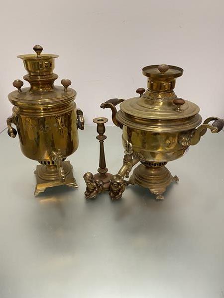 Two late 19thc early 20thc brass tea samovar's in the Austrian style with turned wood handles to