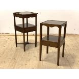 Two early 20th century mahogany two tier lamp tables, each fitted with a drawer, H78cm, 38cm x 38cm
