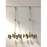 A Pair of gilt brass six branch electroliers, H310cm