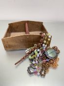 A treen housemaid's style box and a collection of costume jewellery including shell necklace,