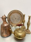 An Eastern silvered tapered cylinder copper and brass ewer, a Victorian amber glass tea kettle and a