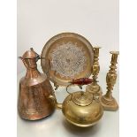 An Eastern silvered tapered cylinder copper and brass ewer, a Victorian amber glass tea kettle and a