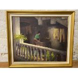 David Rylance, Laundress on continental verandah with flowers, oil, signed bottom left, paper