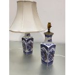 A pair of Japanese square tapered porcelain vase lamps decorated with peacock design enclosed within