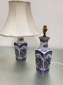 A pair of Japanese square tapered porcelain vase lamps decorated with peacock design enclosed within