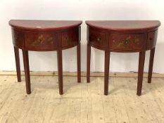 A Pair of Chinese style red lacquer and gilt chinoiserie demi lune side tables, each with a drawer