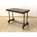 A Victorian rosewood stretcher table, the rectangular top raised on spiral turned uprights and