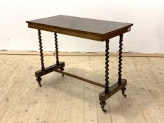 A Victorian rosewood stretcher table, the rectangular top raised on spiral turned uprights and