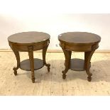 A pair of French Empire style walnut lamp tables, the circualr tops raised on shaped and square