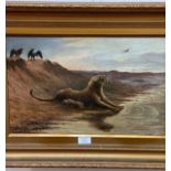 W G Hedges, lioness and cub at the water, signed bottom right (29cm x 47cm) in gilt composition