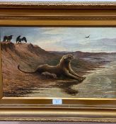 W G Hedges, lioness and cub at the water, signed bottom right (29cm x 47cm) in gilt composition