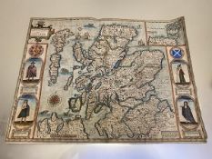 18thc map depicting The Kingdom of Scotland with representations of men and women to sides, with