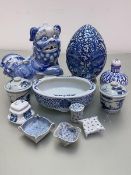 A group of Oriental and Continental pottery ceramics including a Chinese blue and white temple