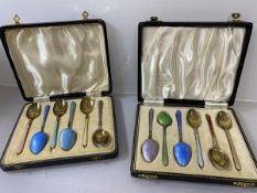 Two sets of six gilt silver and enamel guilloche spoons, Birmingham 1938, (L 10cm), original