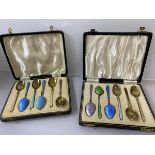 Two sets of six gilt silver and enamel guilloche spoons, Birmingham 1938, (L 10cm), original