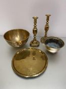 A collection of brass including two candlesticks both marked The Diamond Princess, (h 28cm), two