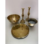 A collection of brass including two candlesticks both marked The Diamond Princess, (h 28cm), two