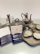 A collection of miscellaneous plate including domed meat dish cover, a triple basket stand,