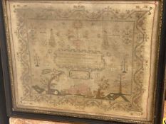 An early garden style sampler inscribed Elizabeth Beard aged 11 years, faded(44cm x 54cm)