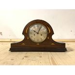 An early 20th century inlaid mahogany mantel clock, silvered dial with Arabic chapter ring, eight