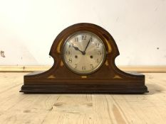 An early 20th century inlaid mahogany mantel clock, silvered dial with Arabic chapter ring, eight