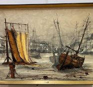 Ben Maile, (1922-) sailboats at low tide and drying nets, print on textured board circa 1960, in