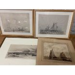 D Y Cameron, Arran, engraving, (13cm x 25cm), and two pencil drawings of maritime scenes and an