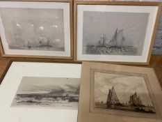 D Y Cameron, Arran, engraving, (13cm x 25cm), and two pencil drawings of maritime scenes and an