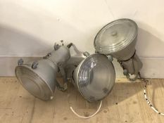 A set of three mid century industrial aluminium floodlights, stamped Crompton Made in England L39cm