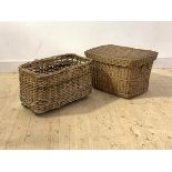 A wicker basket on castors (H36cm W61cm, D39cm) together with another wicker basket (W60cm)